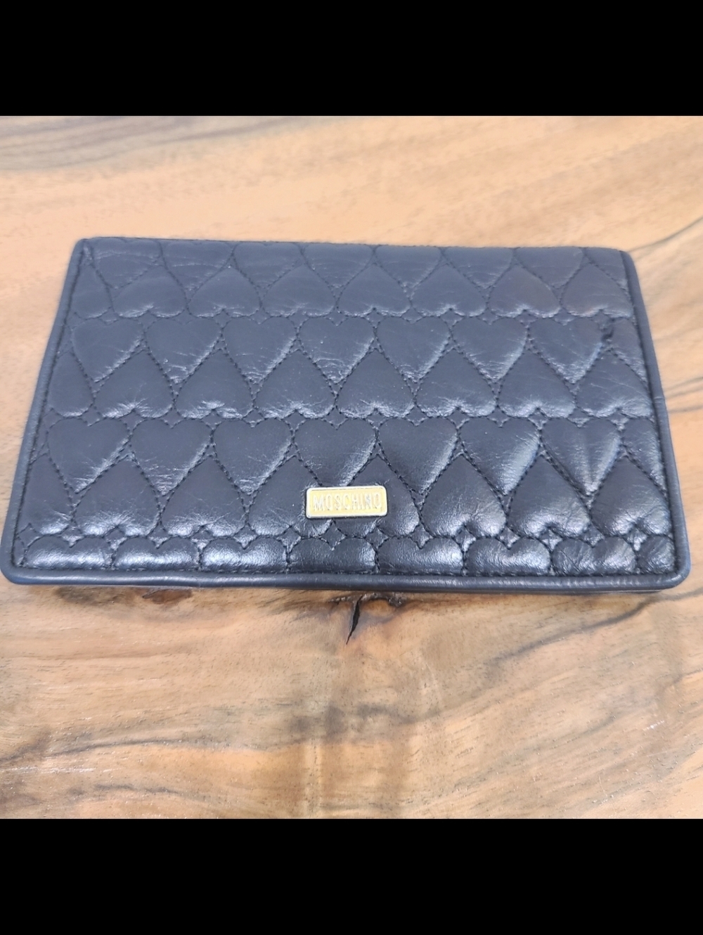 Moschino Black Leather Heart Quilted Wallet
